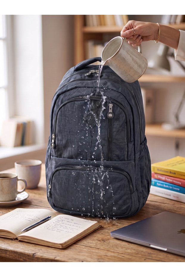 Unisex Waterproof Multi-Compartment Crinkle Fabric School Bag Laptop Bag