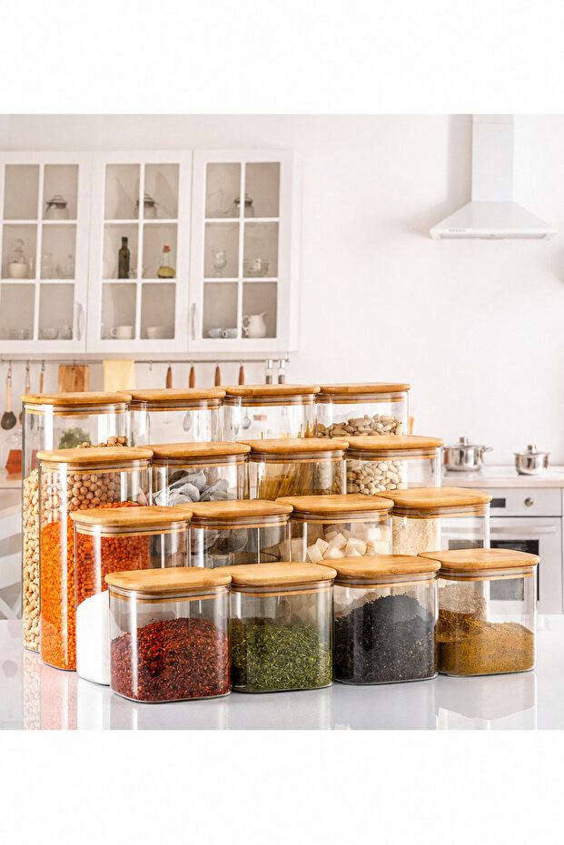 16-Piece Luxury Square Jar Set, Vacuum Luxury Food Container with Bamboo Lids - Large Set