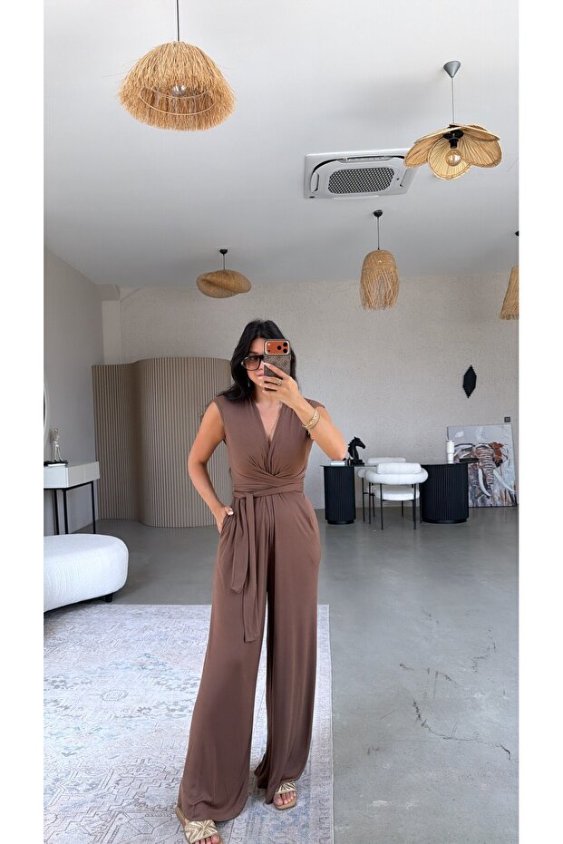 Brown Deep V-Neck Thin Fabric Jumpsuit