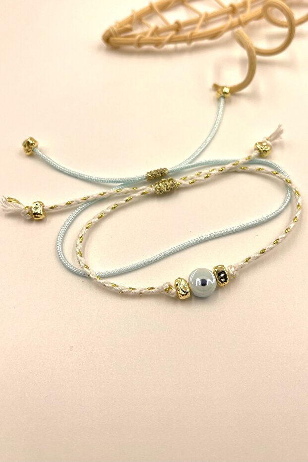 Gift Bohemian Nile Green Evil Eye Beaded Glittery Rope Parachute Rope Elevator Lockable Bracelet Set 2 Pieces