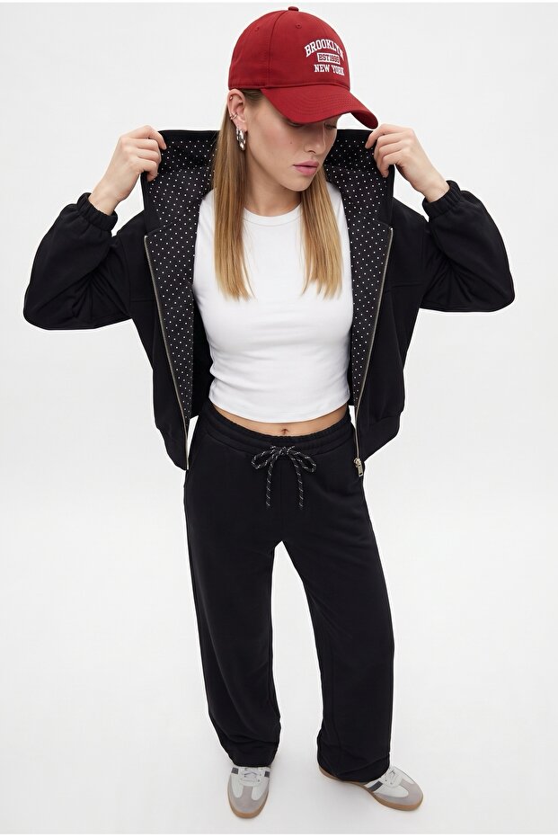Women's Zane Black Polka Dot Detailed Zippered Sweatshirt Waist Sweatpants Bottom Top Set