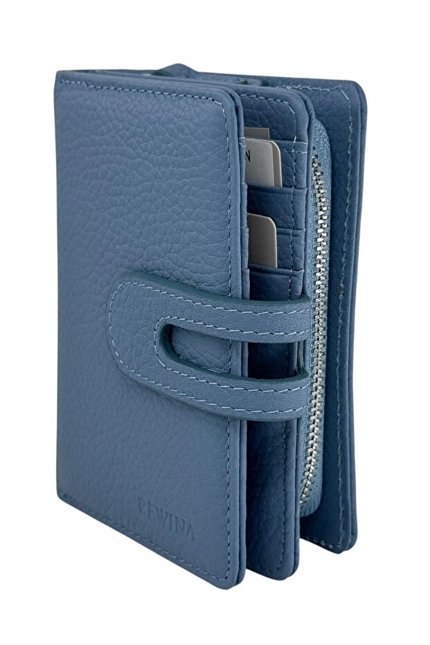Blue Genuine Leather Double Folded Wallet with Snap Fasteners Vertical Sports Model Women's Wallet // 9741-Blue