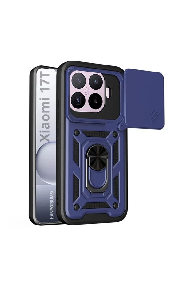 Xiaomi 17t Compatible Tank Case with Ring Stand Extra Impact Protection Armored Outdoor Cover Navy Blue