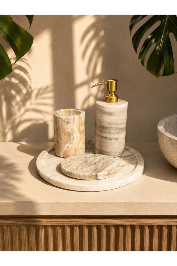 4-Piece Beige Marble Bathroom Set with Gold Pump Liquid Soap Dispenser, Toothbrush Holder, Soap Dish and Tray
