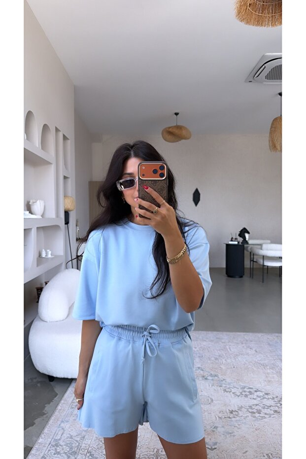 Baby Blue Elastic Waist Cotton Shorts