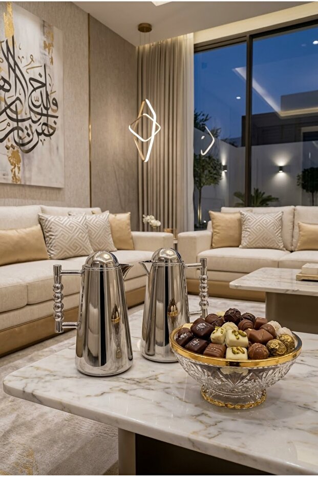 طقم ترامس ضيافة شاي و قهوة استيل 1+1 لتر بتصميم فاخر وعصري لجلسات التقديم الراقية فضي لامع
