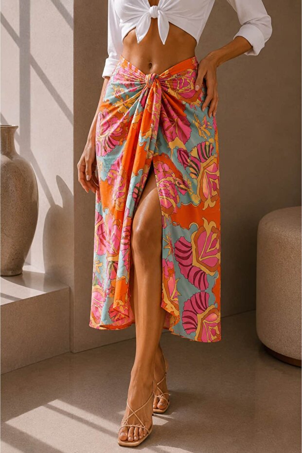 Women's Patterned Pareo Skirt with Tie Detail Lnc34