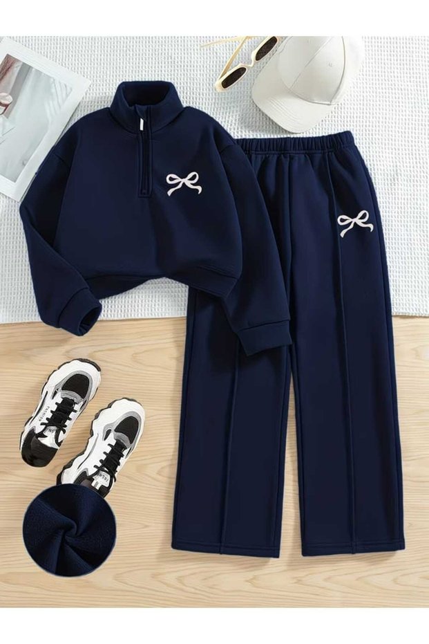 Ribbon Printed Navy Blue Cotton Striped Top and Bottom Set