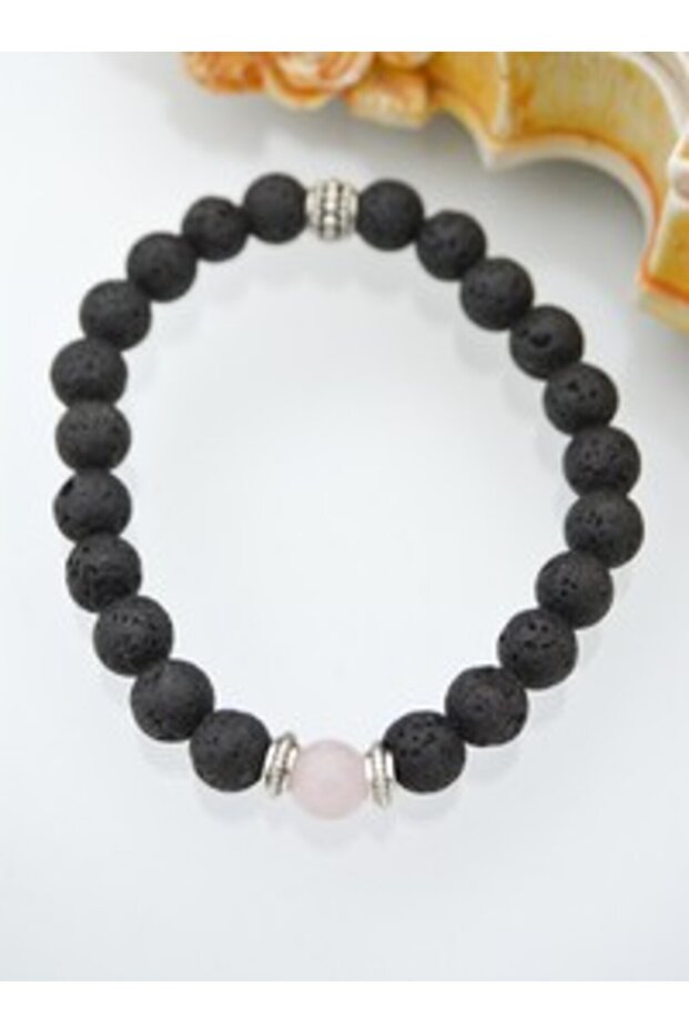Pink Quartz and Lava Stone Bracelet - Black -