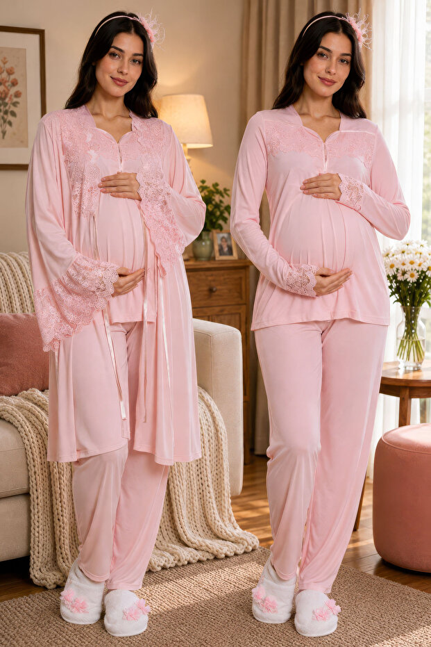 Comfortable Cut Maternity Pajama Set with Nursing Features Effortt - Powder