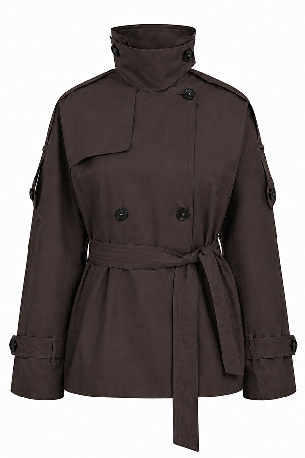 Women's Stand Collar Water-Repellent Belted Oversize Trench Coat – Epaulet Windbreaker Trench Coat Jacket