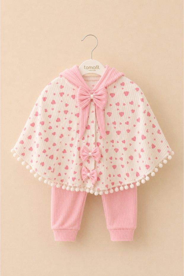 Baby Girl Heart Patterned 3-Piece Set Hooded Bowknot Pompom Poncho Badi Ribbed Trousers Stylish Baby Outfit Set