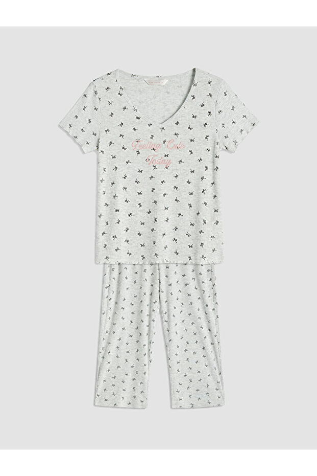 Ozmarka New Season Gray V-Neck Bow Printed Women's Capri Pajama Set