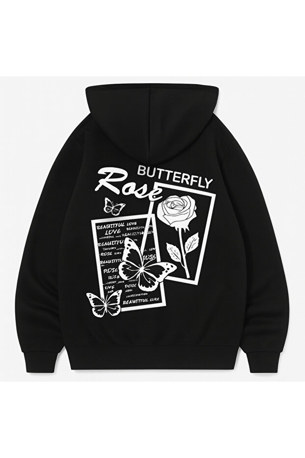 Unisex Oversize 3 Thread Yarn Kangaroo Pocket Blue "Butterfly, Rose and Butterfly" Printed Hooded Sweatshirt
