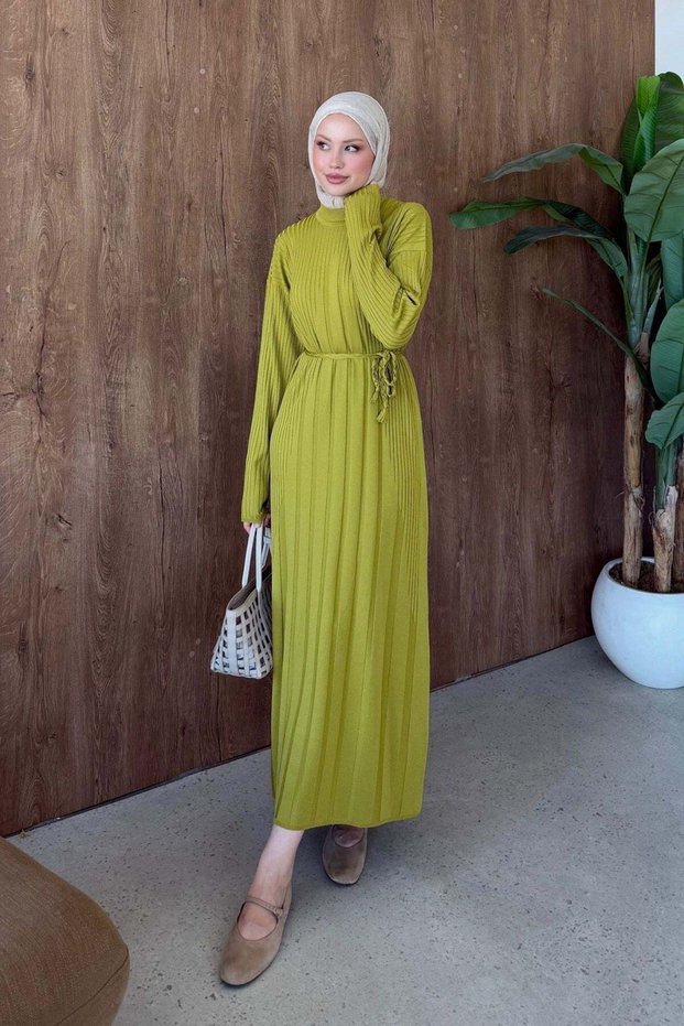 Deep Striped Mercerized Dress in Oil Green