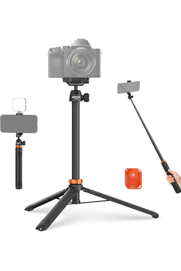 عصا سيلفي ثلاثية القوائم من باسيكس بطول 59 بوصة، متوافقة مع آيفون وكاميرات DSLR، صغيرة الحجم ومصنوعة من المعدن، سهلة الحمل.