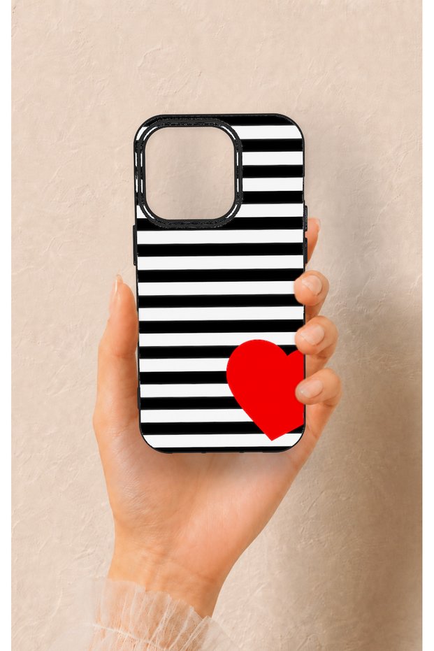 iPhone 14 Pro Compatible Striped Red Heart Pattern Silicone Case