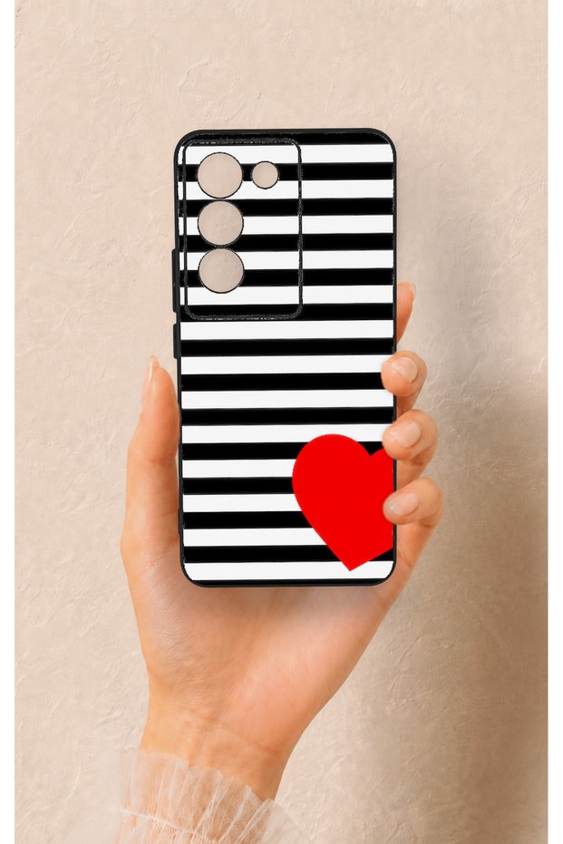 Vivo V30 Lite Compatible Striped Red Heart Pattern Silicone Case