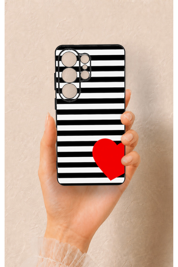 Samsung S26 Ultra Compatible Striped Red Heart Pattern Silicone Case