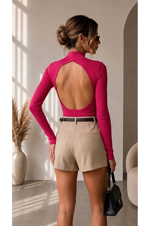Women's Fuchsia Pink Half-Fishnet Bottomed Snap-Back Low-Cut Camisole Fabric Blouse