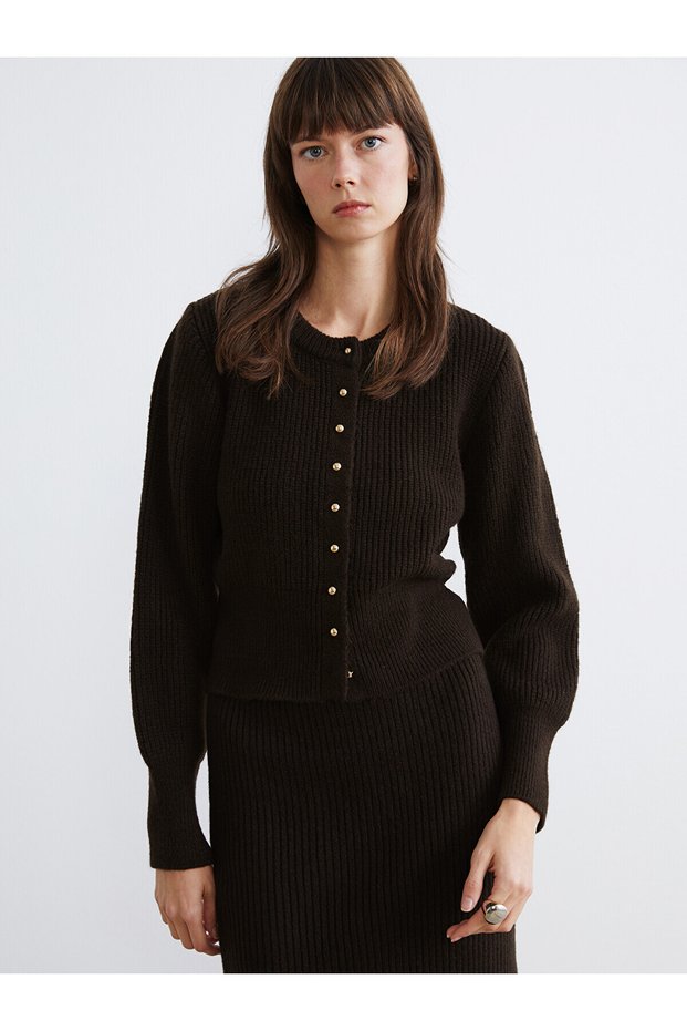 Alita City Lcw Vision Brown Knitwear Plain Women's Cardigan with a Difference