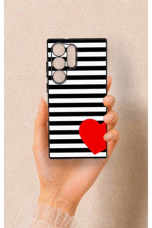 Samsung S23 Ultra Compatible Striped Red Heart Pattern Silicone Case
