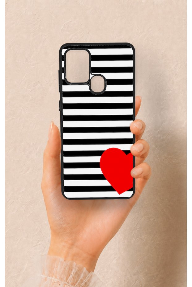 Samsung A21S Compatible Striped Red Heart Pattern Silicone Case