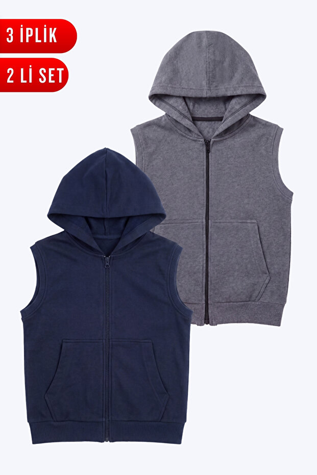 2-Pack Boys' 3-Thread Hooded Zippered Double Pocket Vest