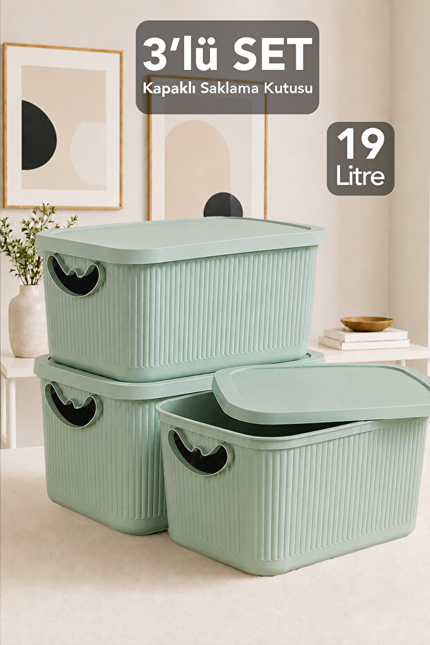 3-Piece 19Lt Storage Box with Lid - In-Cabinet Organizer Basket Decorative Multi-Purpose Organizer Green