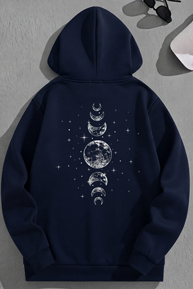 Unisex 3 Thread Cotton Navy Blue Moon Phases Print Loose Fit Sweatshirt Hoodie