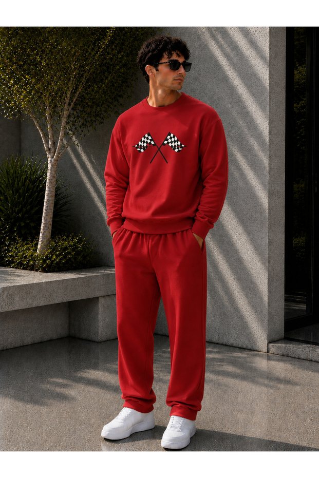 Men's Street Style Minimalist Cross Flag Graphic Printed Crew Neck Regular Fit Men's Tracksuit Set /Straight Leg Bottom
