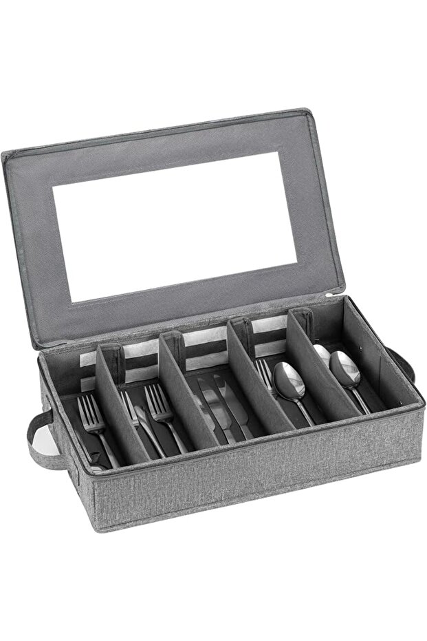 Flatware Utensil Storage Case, with Adjustable Dividers, Large Capacity Silverware Organizer Box, wi
