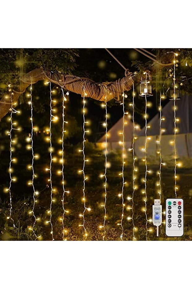 200 مصباح LED على شكل ستارة USB - 6.5×6.5 قدم، إضاءة دافئة بيضاء مع جهاز تحكم عن بعد ومؤقت، مقاومة للماء