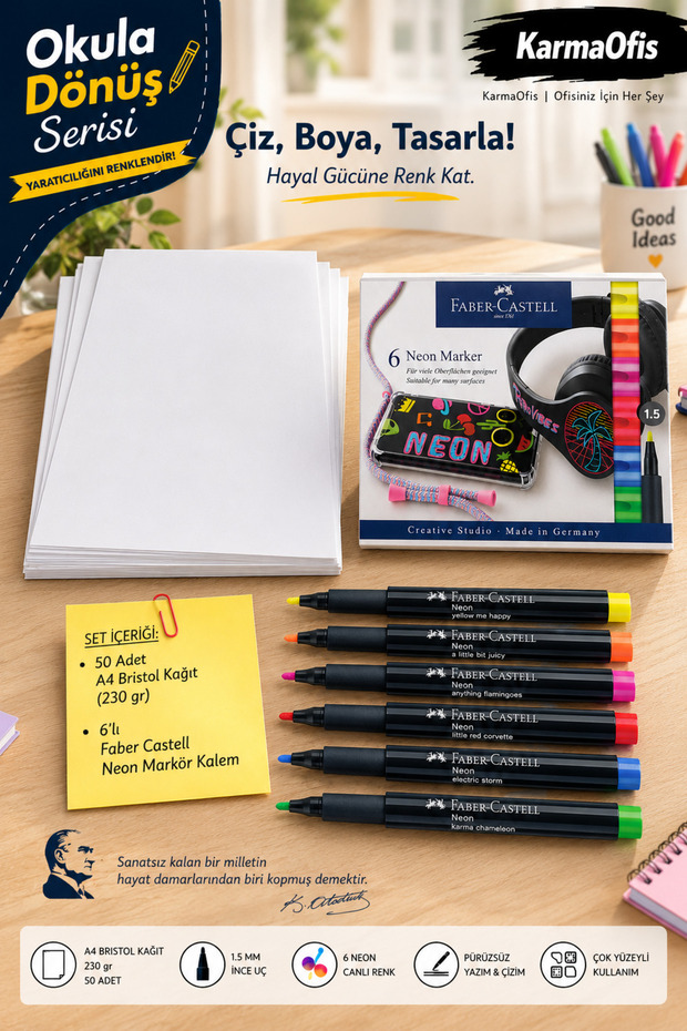 6-Piece Neon Marker Pen + 50 Pieces 230 Gr Bristol Paper A5 Optional Set