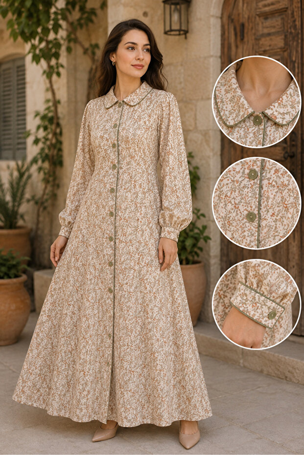 - Cream Printed Maxi Dress with Piping detailing collar and Balloon Sleeves