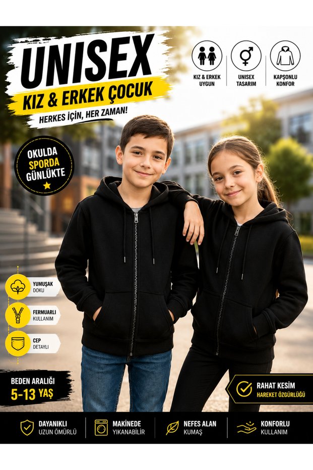 Unisex Children's Black Zippered Hooded Sweatshirt Girls Boys Casual Cardigan 5-13 Years Old