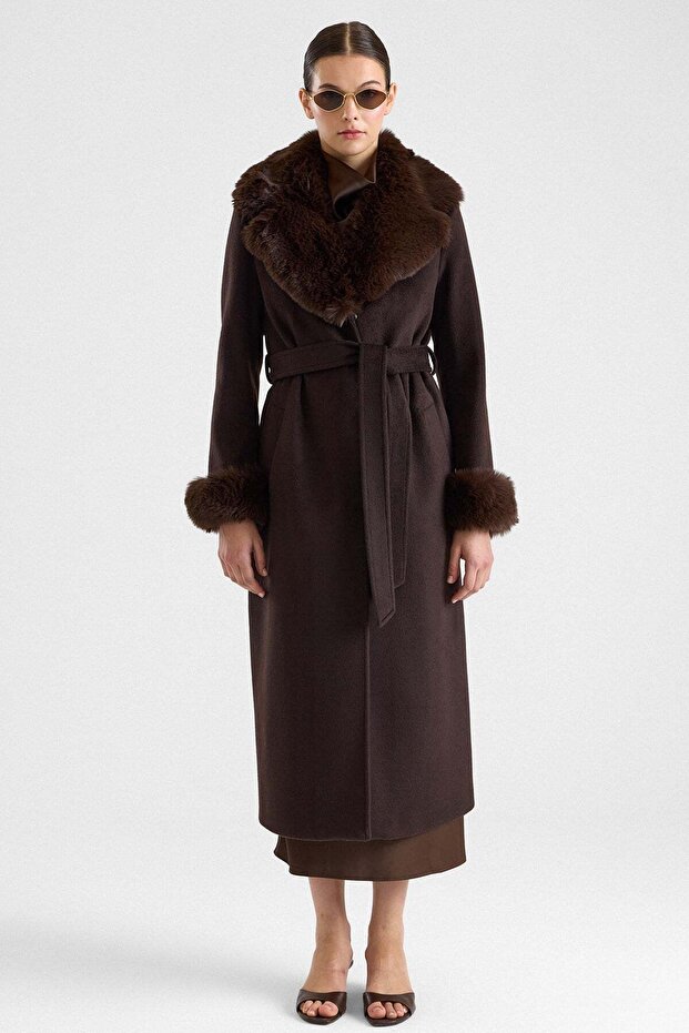 Jacket with Detachable Fur Collar and Sleeves, Long Coat Brown 3088