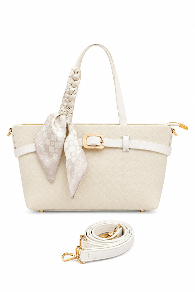Women's Shoulder Bag White Straw Weave Patterned Scarf Gold Buckle Belted Large Handbag 7456-B Beya