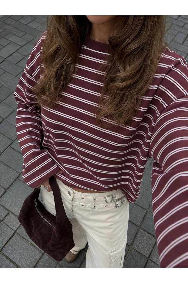 Women's Viral Burgundy Oversize Long Sleeve Striped T-Shirt 13113
