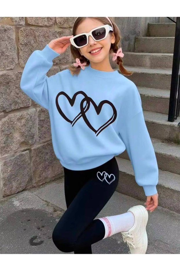 Girl's Heart Printed Baby Blue Crew Neck Sweatshirt-Black Leggings Set