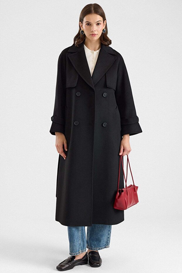 Long Premium Fabric Coat with Cape and Punto Stitching Detail Black 3183
