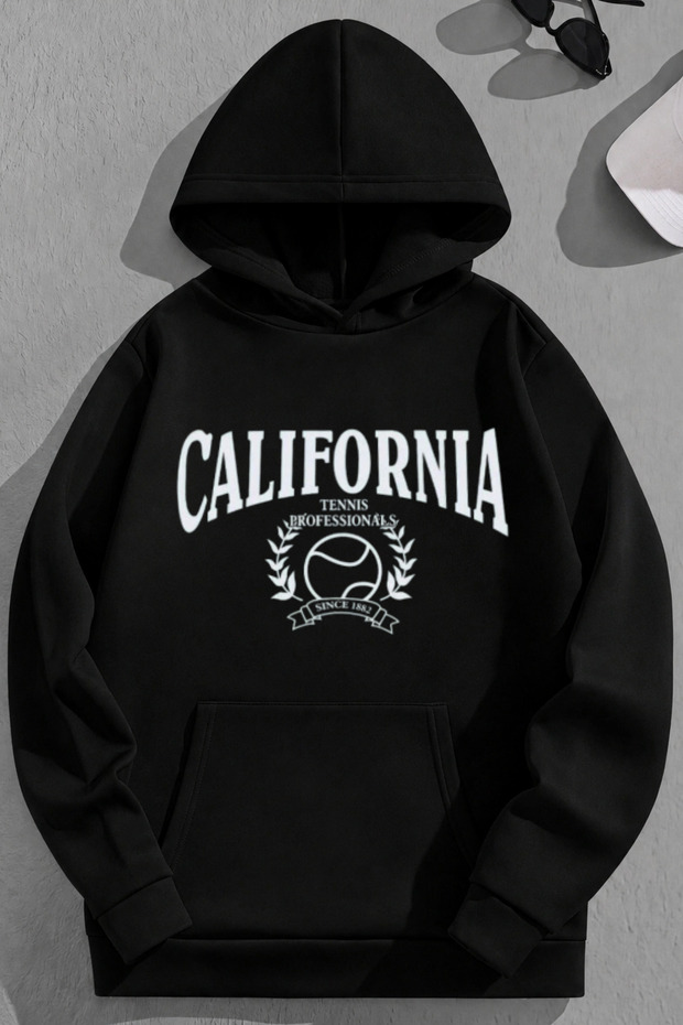 Unisex 3 Thread Cotton Black Califtennis Print Loose Fit Sweatshirt Hoodie