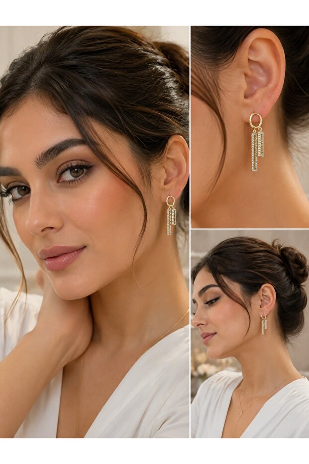 Women's Gold Sparkling Stone Long Earrings