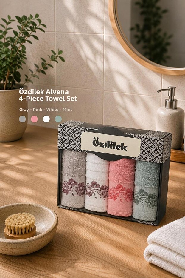 Hand and Face Towels Set of 4 Boxed Alvena Gray Pink White Mint