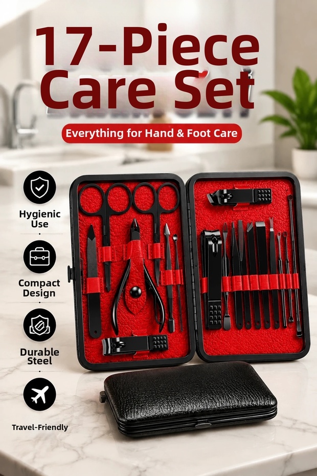 17-Piece Stainless Steel Manicure and Personal Care Set with Black Leather Case