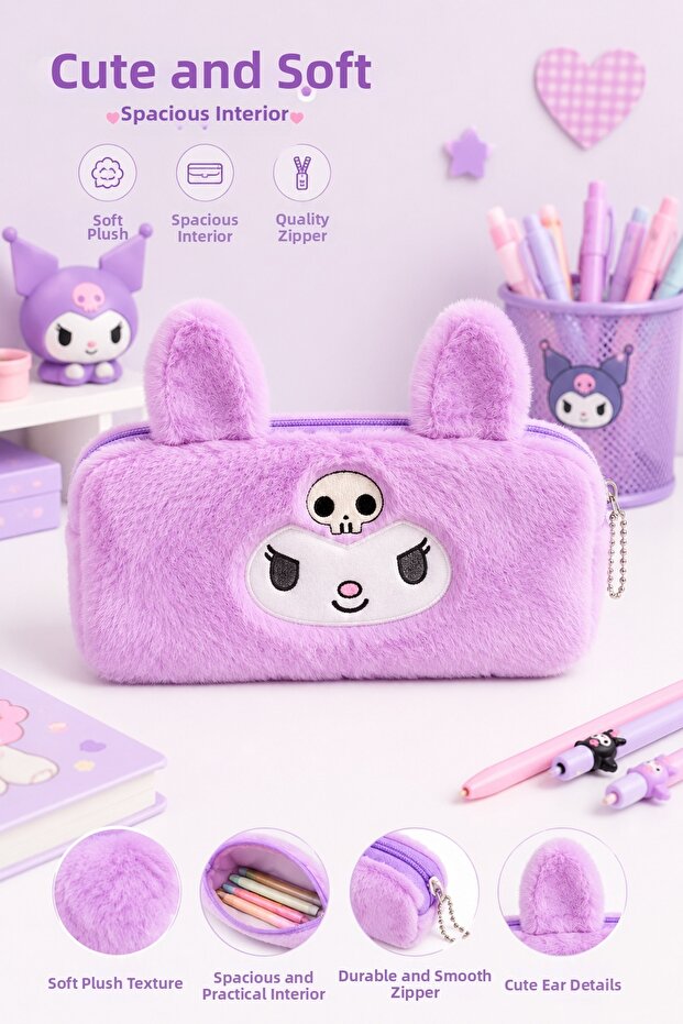 Cute Cat Purple Kuromi Patterned Plush Pencil Case – Large Capacity Zippered Organizer Pen Holder