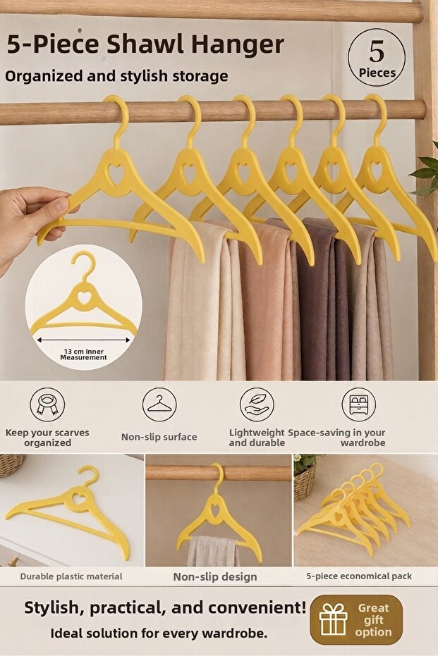 Pack of 5 Shawl Hangers Non-Slip Surface Closet Organizer Multi-Purpose Heart Design Hanger