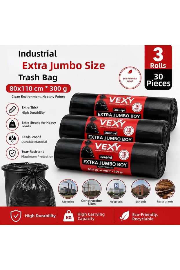 80X110 cm 90 Liter Jumbo Size Garbage Bag 30 Pieces Black Durable Industrial Garbage Bag 3 Rolls of 10