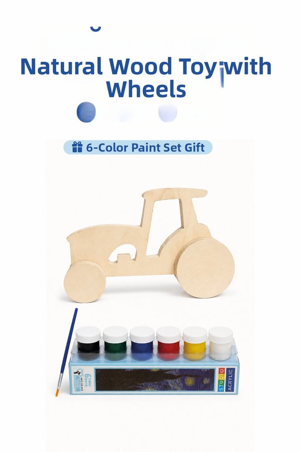 Wooden Tractor Toy Natural Handmade Paintable Educational Toy + 6-Piece Paint Set Gift