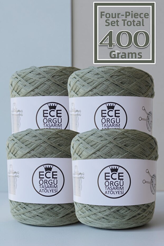 Green, Multi-Strand Mercerized Cotton Knitting Yarn Set (Total 400 Gr.)